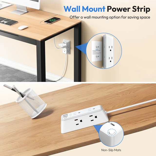 Alt view image 7 of 7 - Split Extension Cord 12FT, Twin Extension Cord with 6 AC Outlets on Each Side, 2 USB-A & 1 USB-C, Flat Plug Dual Extension Cord for Behind Bed, Couch, Nightstands