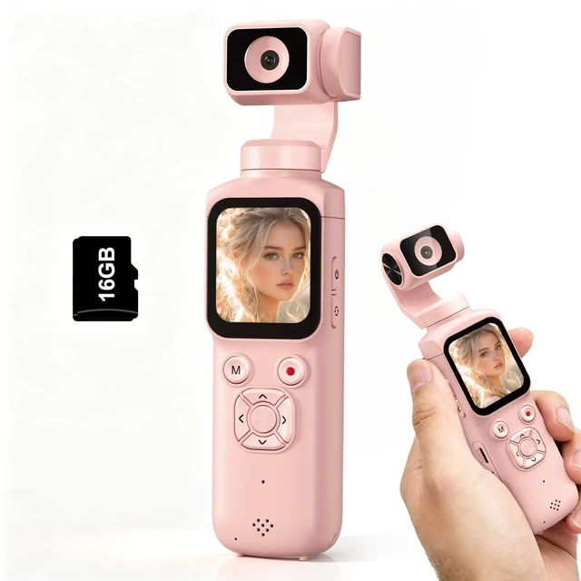 Main image of 4K Pocket Vlogging Camera with 330° Rotating Lens, Face Tracking - Pink Handheld Vlog Camera Starter Kit with Tripod & 16GB Card. Smart Face Tracking & WiFi Sharing for YouTube & TikTok