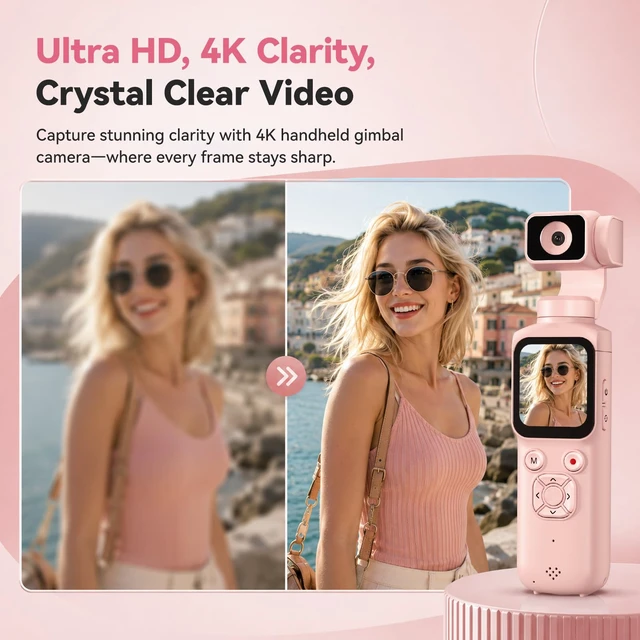Alt view image 2 of 7 - 4K Pocket Vlogging Camera with 330° Rotating Lens, Face Tracking - Pink Handheld Vlog Camera Starter Kit with Tripod & 16GB Card. Smart Face Tracking & WiFi Sharing for YouTube & TikTok