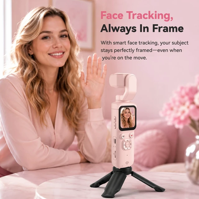Alt view image 3 of 7 - 4K Pocket Vlogging Camera with 330° Rotating Lens, Face Tracking - Pink Handheld Vlog Camera Starter Kit with Tripod & 16GB Card. Smart Face Tracking & WiFi Sharing for YouTube & TikTok