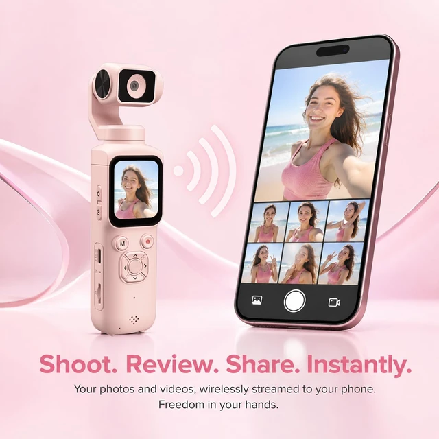 Alt view image 4 of 7 - 4K Pocket Vlogging Camera with 330° Rotating Lens, Face Tracking - Pink Handheld Vlog Camera Starter Kit with Tripod & 16GB Card. Smart Face Tracking & WiFi Sharing for YouTube & TikTok