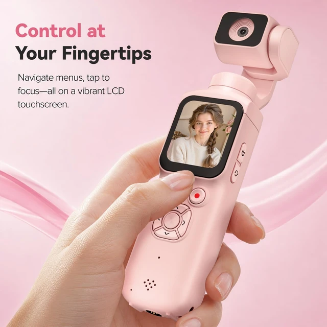 Alt view image 6 of 7 - 4K Pocket Vlogging Camera with 330° Rotating Lens, Face Tracking - Pink Handheld Vlog Camera Starter Kit with Tripod & 16GB Card. Smart Face Tracking & WiFi Sharing for YouTube & TikTok