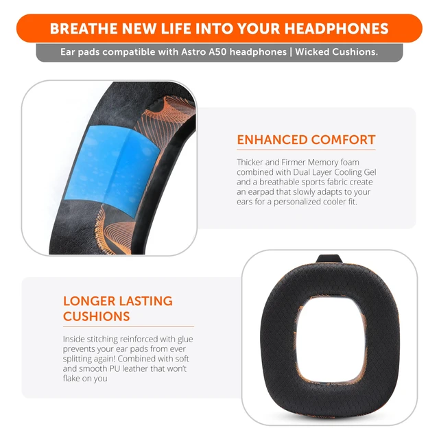 Alt view image 4 of 7 - Mod Kit A50 - Earpads & Headband for Astro A50 Gen 4/5 / A50x Made by Wicked Cushions Cooling Gel Earpads and Matching Headband that offer Enhanced Comfort & Durability Kinetic Wave