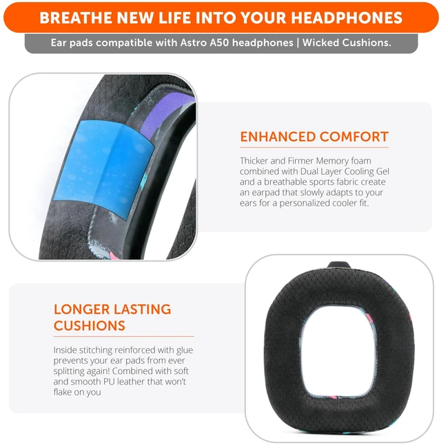 Alt view image 4 of 7 - Mod Kit A50 - Earpads & Headband for Astro A50 Gen 4/5 / A50x Made by Wicked Cushions Cooling Gel Earpads and Matching Headband that offer Enhanced Comfort & Durability 90's Black