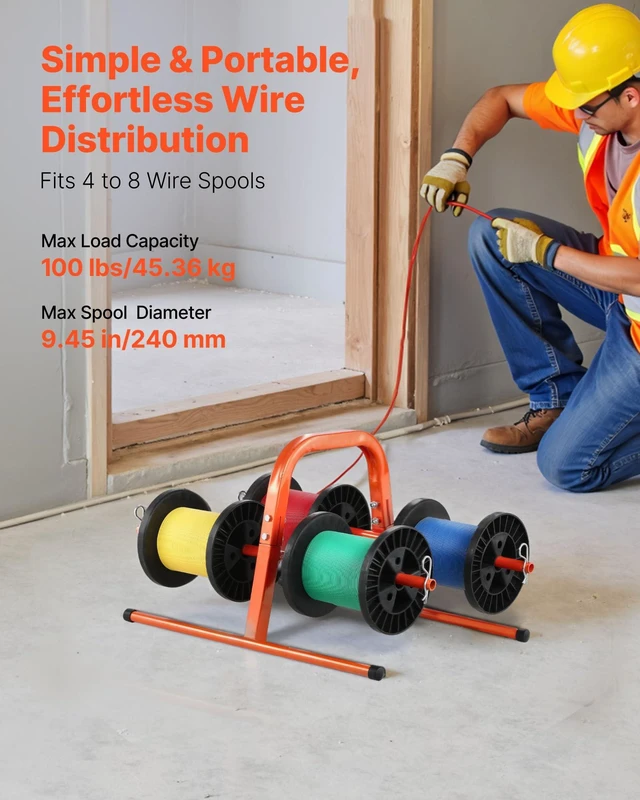 Alt view image 2 of 7 - Wire Spool Rack, 100 lbs Capacity, Smart Hand Caddy, Heavy-Duty Steel Wire Dispenser Holder for Up to 8 Spools, MAX 9.45 in Diameter, Easy Lift Design for Electrical Industrial and Retail Use