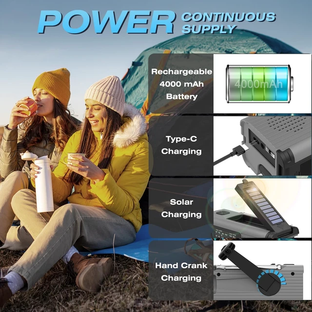 Alt view image 4 of 7 - Emergency Radio 4000mAh NOAA Weather Radio Solar Hand Crank Charging Radios Portable Am Fm Weather Radio with Charger, LED Flashlight, Reading Lamp, SOS Alarm for Indoor Outdoor Emergency
