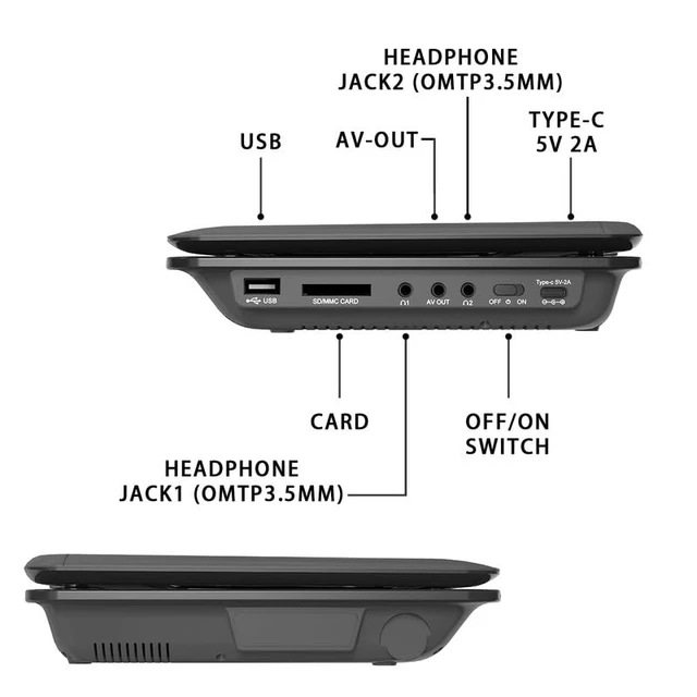 Alt view image 3 of 6 - 11" Portable DVD Player for Car and Kids with 9.5 inch HD Swivel Screen, 5 Hour Rechargeable Battery, Dual Earphone Jack, Supports SD Card/USB/CD/DVD, with Extra Headrest Mount Case (Black)