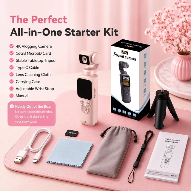 Alt view image 7 of 7 - 4K Pocket Vlogging Camera with 330° Rotating Lens, Face Tracking - Pink Handheld Vlog Camera Starter Kit with Tripod & 16GB Card. Smart Face Tracking & WiFi Sharing for YouTube & TikTok