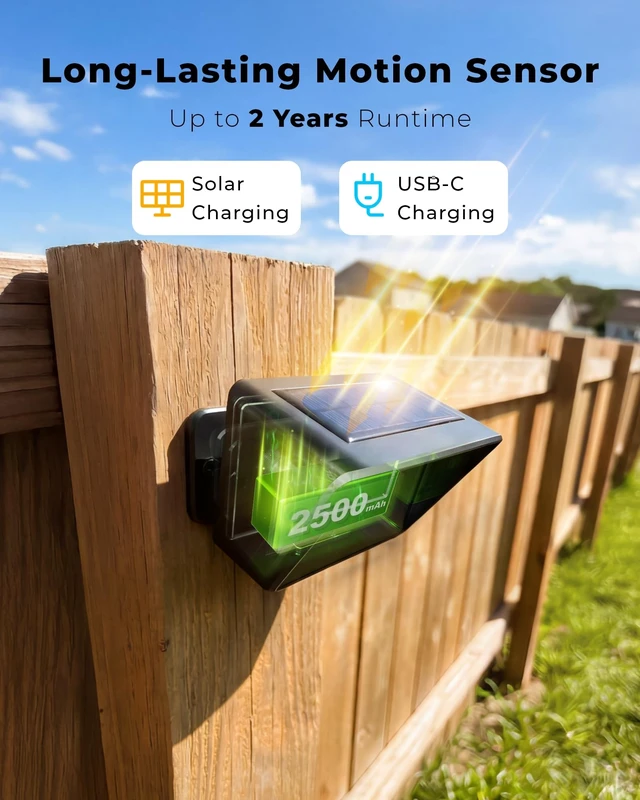 Alt view image 2 of 7 - Solar Driveway Alarm, 1 Portable Rechargeable Receiver & 2 Solar Sensors 3000FT Long Range Wireless Driveway Alarm, Weatherproof Outdoor Motion Sensor Alarm for Driveways, Homes, Yards, and Property