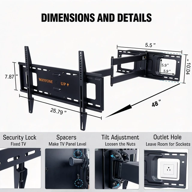 Alt view image 5 of 7 - 48" Extension Long Arm Full Motion TV Wall Mount 37-85 TV by Extra Heavy Duty TV Wall Mount for 70,75,77,80,85'' Screens, Max VESA 600x400mm, Hold 110 lbs, 16''-24'' Wood Studs