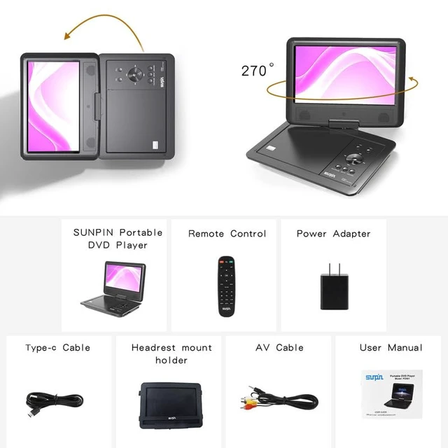 Alt view image 5 of 6 - 11" Portable DVD Player for Car and Kids with 9.5 inch HD Swivel Screen, 5 Hour Rechargeable Battery, Dual Earphone Jack, Supports SD Card/USB/CD/DVD, with Extra Headrest Mount Case (Black)