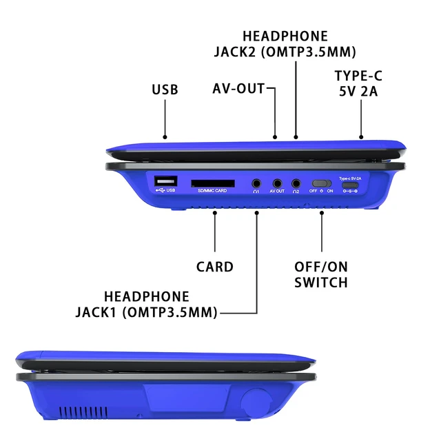 Alt view image 2 of 7 - 11" Portable DVD Player for Car and Kids with 9.5 inch HD Swivel Screen, 5 Hour Rechargeable Battery, Dual Earphone Jack, Supports SD Card/USB/CD/DVD, with Extra Headrest Mount Case (Blue)