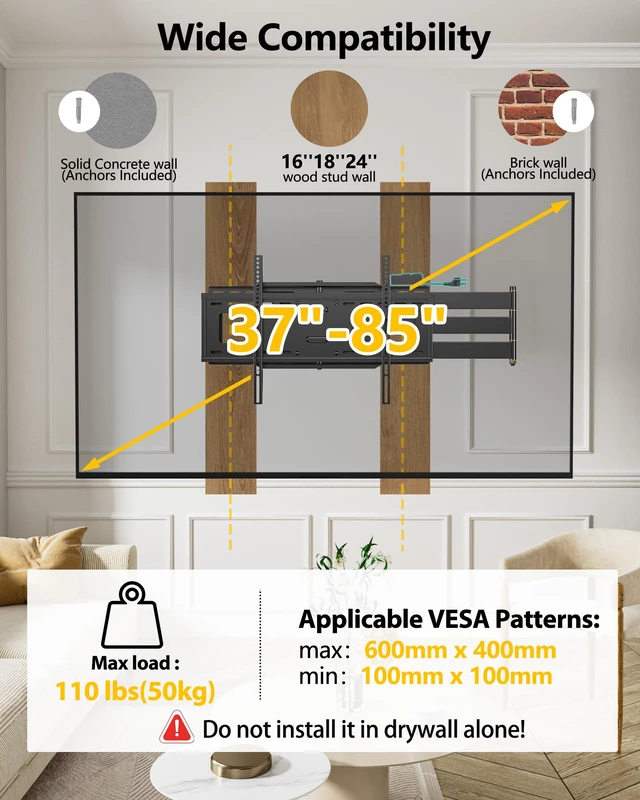 Alt view image 2 of 7 - 48" Extension Long Arm Full Motion TV Wall Mount 37-85 TV by Extra Heavy Duty TV Wall Mount for 70,75,77,80,85'' Screens, Max VESA 600x400mm, Hold 110 lbs, 16''-24'' Wood Studs