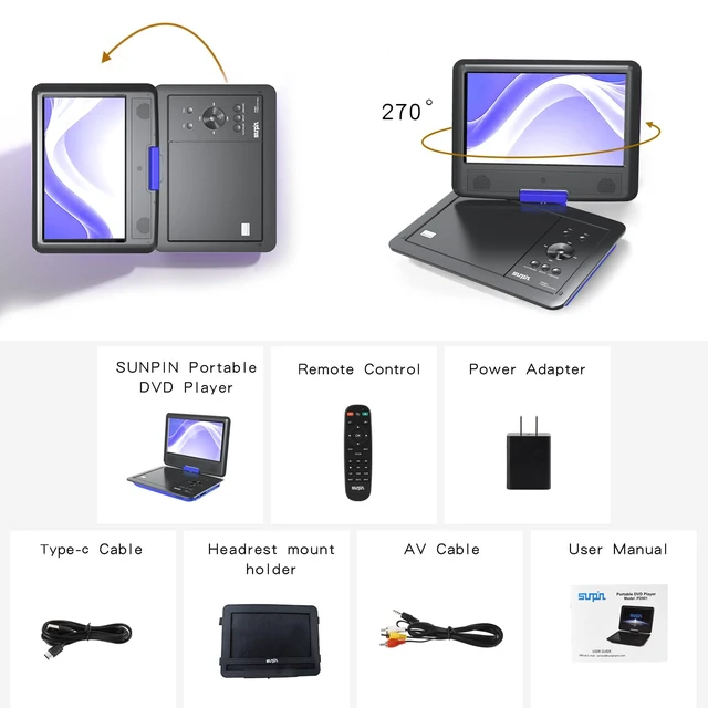 Alt view image 5 of 7 - 11" Portable DVD Player for Car and Kids with 9.5 inch HD Swivel Screen, 5 Hour Rechargeable Battery, Dual Earphone Jack, Supports SD Card/USB/CD/DVD, with Extra Headrest Mount Case (Blue)