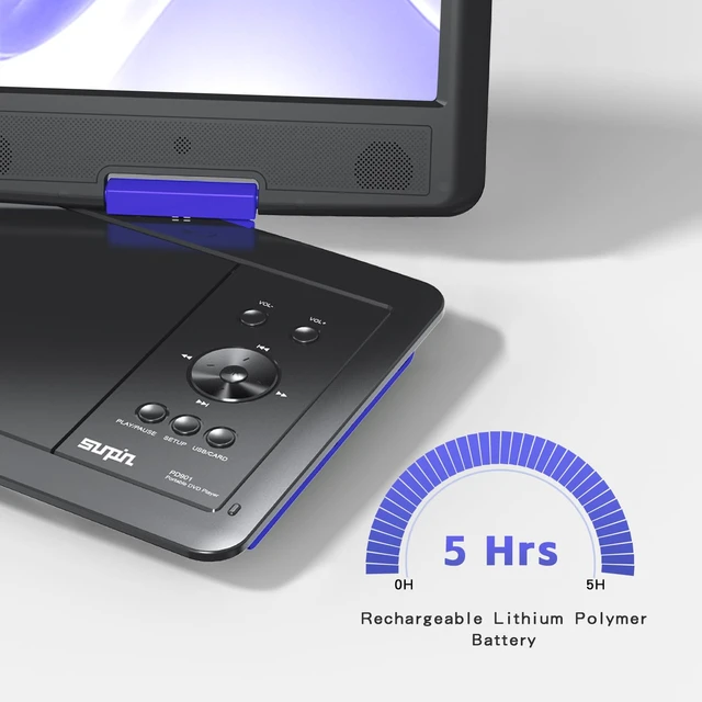 Alt view image 3 of 7 - 11" Portable DVD Player for Car and Kids with 9.5 inch HD Swivel Screen, 5 Hour Rechargeable Battery, Dual Earphone Jack, Supports SD Card/USB/CD/DVD, with Extra Headrest Mount Case (Blue)