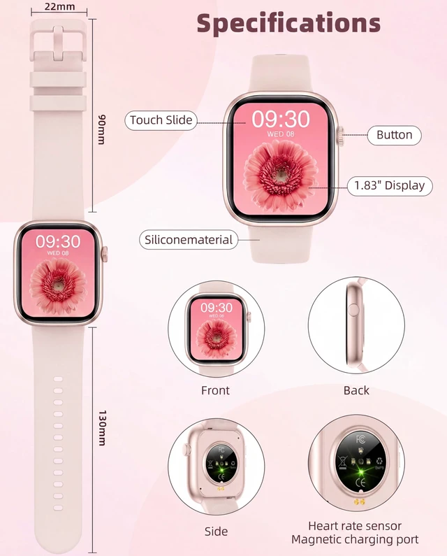 Alt view image 5 of 7 - Smart Watch for Women Men, Fitness and Sleep Trackers with 1.83" HD Touchscreen, Bluetooth Calling Smartwatch for Android/iOS, IP67 Waterproof Multi-Sport Modes Pedometer, Blush Pink
