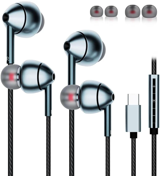 Main image of USB-C Wired Earbuds with Microphone, Volume Control, Noise Canceling, Compatible with Samsung Galaxy S24 S23 S22, iPhone 15, Pixel Phones (2Pack-Gray)