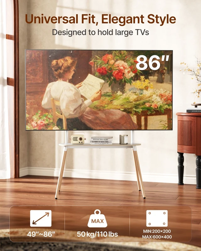 Alt view image 2 of 7 - 4-Leg Easel TV Stand for 49-86" TVs, 110 lbs, White Height-adjustable floor TV stand, storage shelf, cable management and protective pads for living room, office or school
