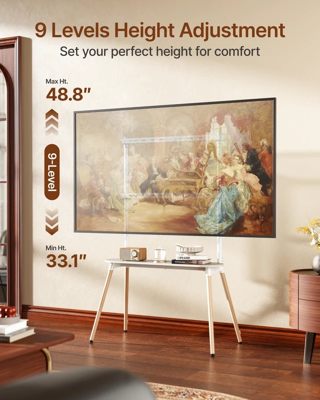 Alt view image 3 of 7 - 4-Leg Easel TV Stand for 49-86" TVs, 110 lbs, White Height-adjustable floor TV stand, storage shelf, cable management and protective pads for living room, office or school