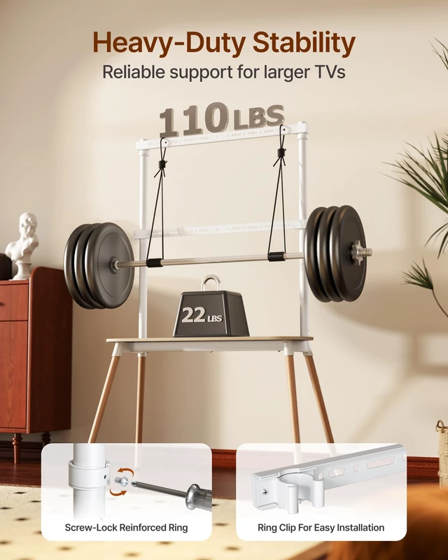 Alt view image 5 of 7 - 4-Leg Easel TV Stand for 49-86" TVs, 110 lbs, White Height-adjustable floor TV stand, storage shelf, cable management and protective pads for living room, office or school