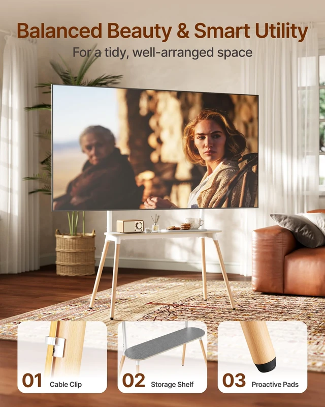 Alt view image 4 of 7 - 4-Leg Easel TV Stand for 49-86" TVs, 110 lbs, White Height-adjustable floor TV stand, storage shelf, cable management and protective pads for living room, office or school