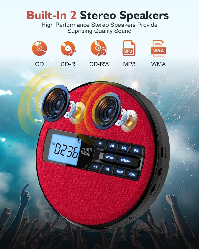 Alt view image 2 of 7 - CD Player Portable with Speakers - Rechargeable Personal CD Player for Car and Home, Small Fabric Music Player with Backlit Display, Anti-Skip, AUX/USB Port - Ideal for Audiobooks & Gifts (Red)