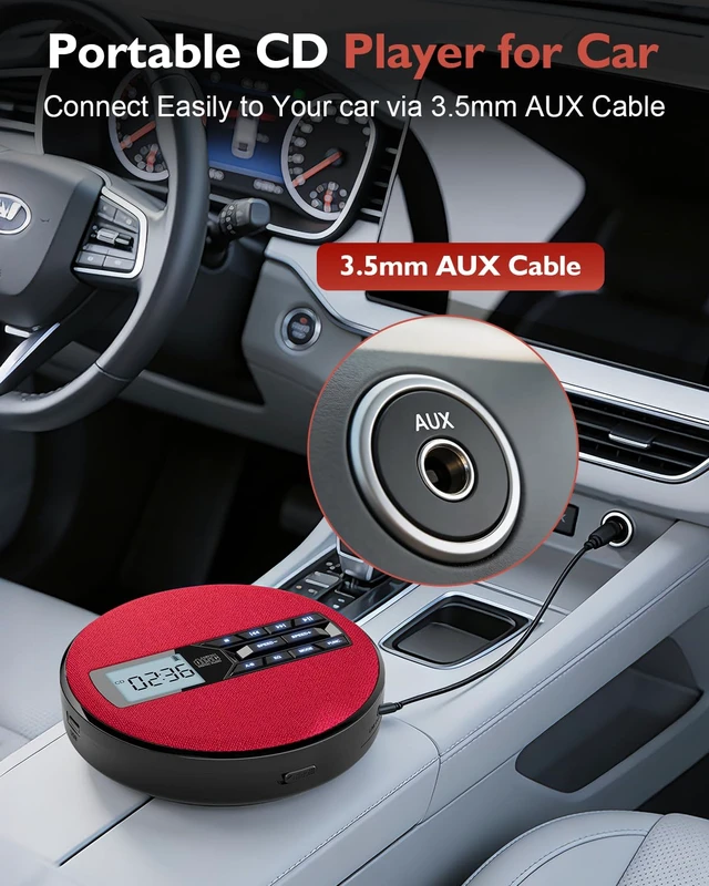 Alt view image 3 of 7 - CD Player Portable with Speakers - Rechargeable Personal CD Player for Car and Home, Small Fabric Music Player with Backlit Display, Anti-Skip, AUX/USB Port - Ideal for Audiobooks & Gifts (Red)