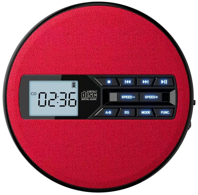 Main image of CD Player Portable with Speakers - Rechargeable Personal CD Player for Car and Home, Small Fabric Music Player with Backlit Display, Anti-Skip, AUX/USB Port - Ideal for Audiobooks & Gifts (Red)