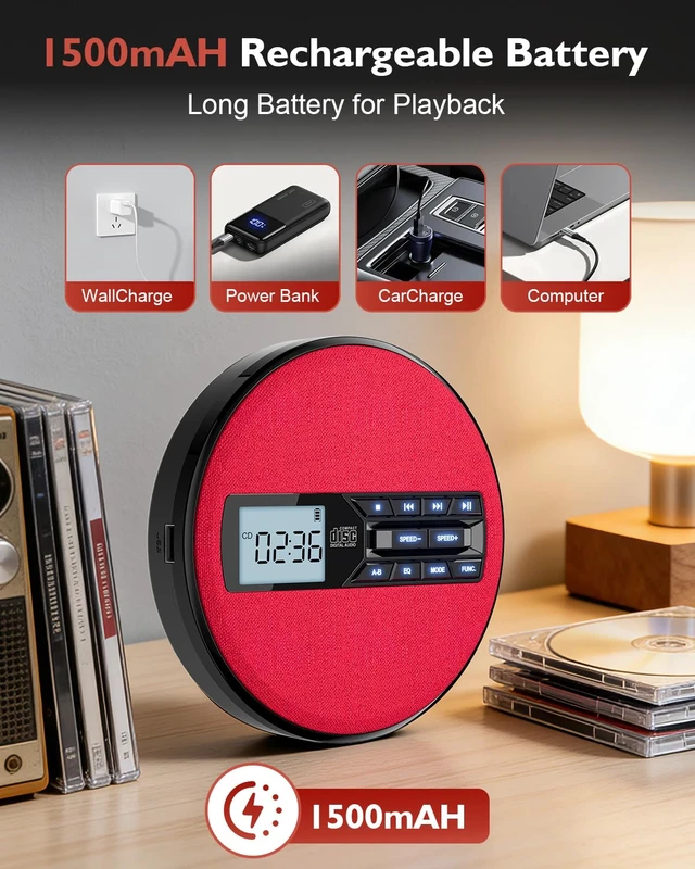Alt view image 4 of 7 - CD Player Portable with Speakers - Rechargeable Personal CD Player for Car and Home, Small Fabric Music Player with Backlit Display, Anti-Skip, AUX/USB Port - Ideal for Audiobooks & Gifts (Red)