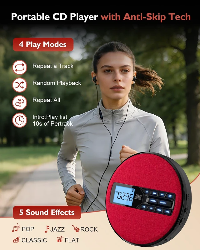 Alt view image 5 of 7 - CD Player Portable with Speakers - Rechargeable Personal CD Player for Car and Home, Small Fabric Music Player with Backlit Display, Anti-Skip, AUX/USB Port - Ideal for Audiobooks & Gifts (Red)
