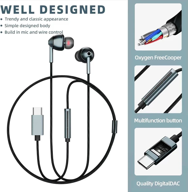 Alt view image 6 of 7 - USB-C Wired Earbuds with Microphone, Volume Control, Noise Canceling, Compatible with Samsung Galaxy S24 S23 S22, iPhone 15, Pixel Phones (2Pack-Gray)