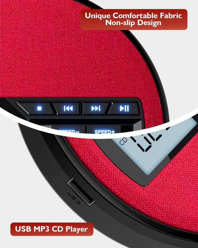Alt view image 7 of 7 - CD Player Portable with Speakers - Rechargeable Personal CD Player for Car and Home, Small Fabric Music Player with Backlit Display, Anti-Skip, AUX/USB Port - Ideal for Audiobooks & Gifts (Red)