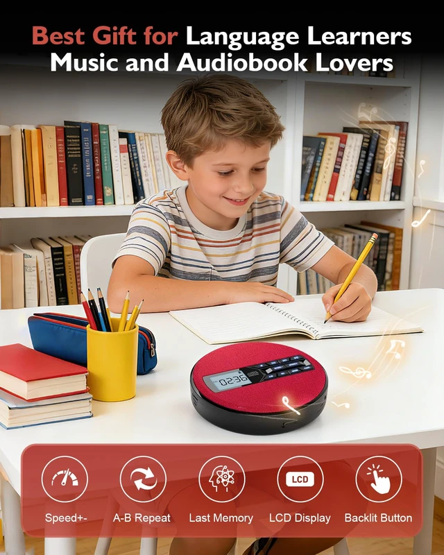 Alt view image 6 of 7 - CD Player Portable with Speakers - Rechargeable Personal CD Player for Car and Home, Small Fabric Music Player with Backlit Display, Anti-Skip, AUX/USB Port - Ideal for Audiobooks & Gifts (Red)