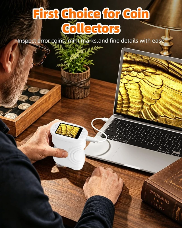 Alt view image 3 of 7 - Handheld Microscope with Lights Digital, Coin Magnifier for Collectors 1000X Magnifying Glass, 2-inch Screen, HD Display, Portable & Pocket, Photo Video Recording, PC Screen Connection, White