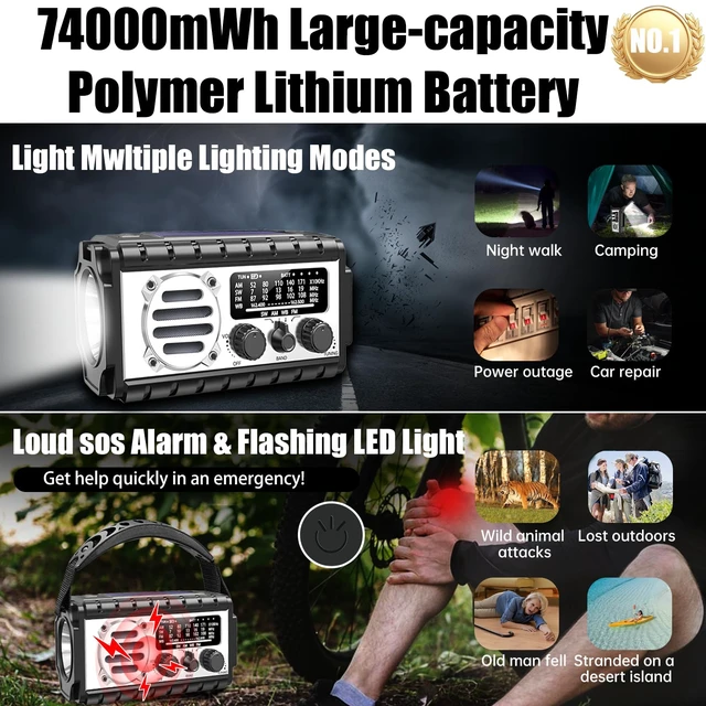 Alt view image 3 of 7 - Solar Hand Crank Emergency Radio, 20000mAh AM FM NOAA Weather Radio Clear radio reception, builtin LED flashlight & reading light, phone charging and SOS distress signal for emergencies