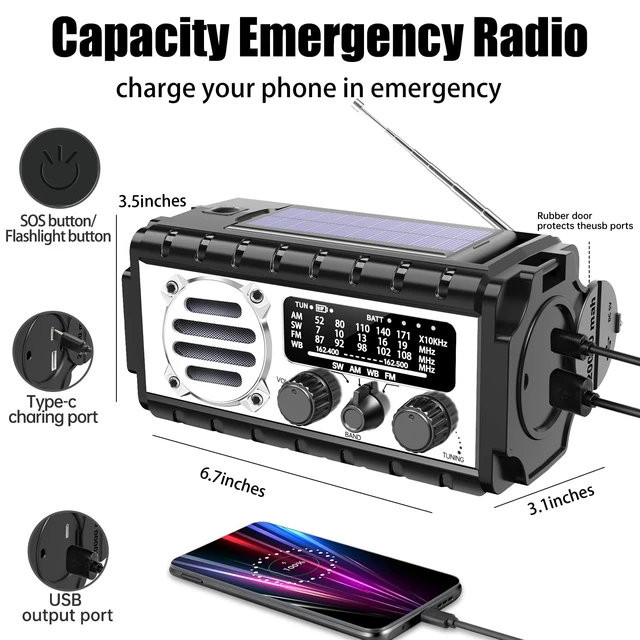 Alt view image 5 of 7 - Solar Hand Crank Emergency Radio, 20000mAh AM FM NOAA Weather Radio Clear radio reception, builtin LED flashlight & reading light, phone charging and SOS distress signal for emergencies