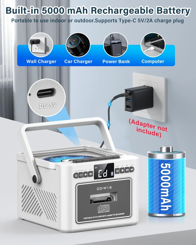 Alt view image 2 of 7 - Boombox Cassette CD Player Combo with Bluetooth, 5000mAh Battery Rechargeable Cd and Cassette Player for Home/Kids/Gift,FM Radio/Remote Control/Tape Recording/AUX/TF/USB/Earphone Jack(White)