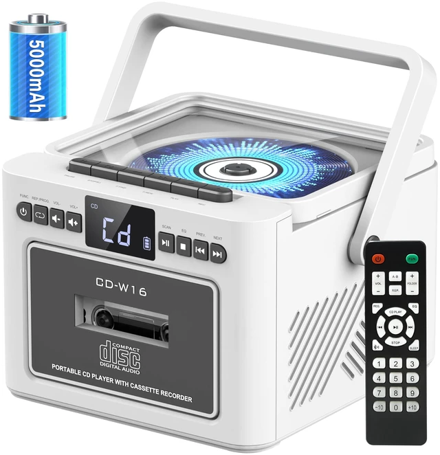 Main image of Boombox Cassette CD Player Combo with Bluetooth, 5000mAh Battery Rechargeable Cd and Cassette Player for Home/Kids/Gift,FM Radio/Remote Control/Tape Recording/AUX/TF/USB/Earphone Jack(White)