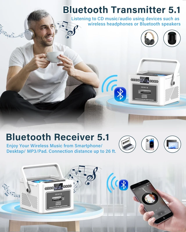 Alt view image 3 of 7 - Boombox Cassette CD Player Combo with Bluetooth, 5000mAh Battery Rechargeable Cd and Cassette Player for Home/Kids/Gift,FM Radio/Remote Control/Tape Recording/AUX/TF/USB/Earphone Jack(White)