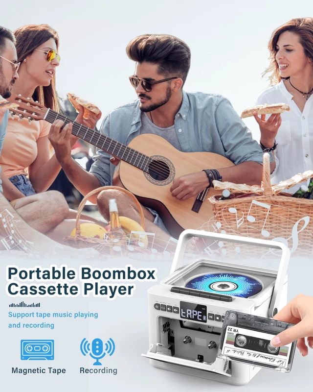 Alt view image 4 of 7 - Boombox Cassette CD Player Combo with Bluetooth, 5000mAh Battery Rechargeable Cd and Cassette Player for Home/Kids/Gift,FM Radio/Remote Control/Tape Recording/AUX/TF/USB/Earphone Jack(White)