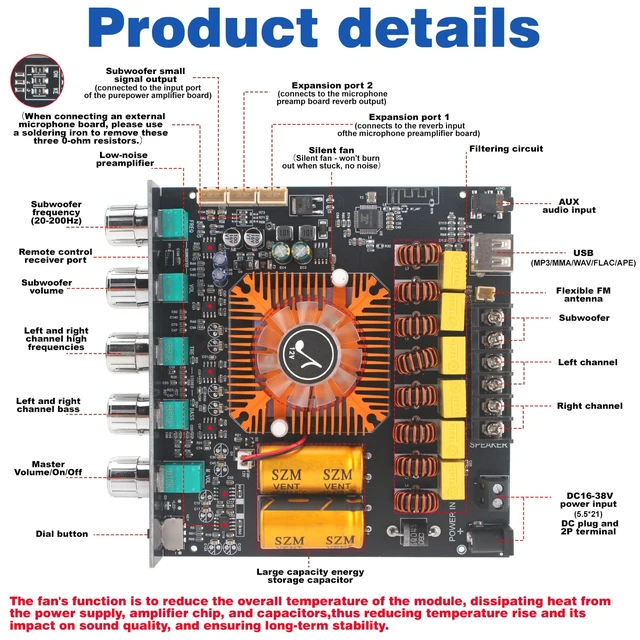 Alt view image 2 of 7 - AS21-II TPA3255 Bluetooth Amplifier, 2.1 Channel, 220W x 2 + 350W FM Radio, TWS, IR Remote, APP Control, 5-Knob Tuning, Frosted Cover, USB/AUX, Active Cooling, Protection, DC 16-38V, 10A Min