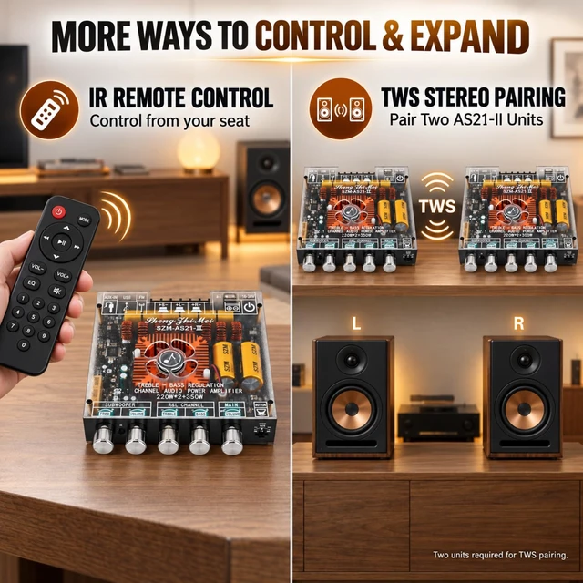 Alt view image 5 of 7 - AS21-II TPA3255 Bluetooth Amplifier, 2.1 Channel, 220W x 2 + 350W FM Radio, TWS, IR Remote, APP Control, 5-Knob Tuning, Frosted Cover, USB/AUX, Active Cooling, Protection, DC 16-38V, 10A Min