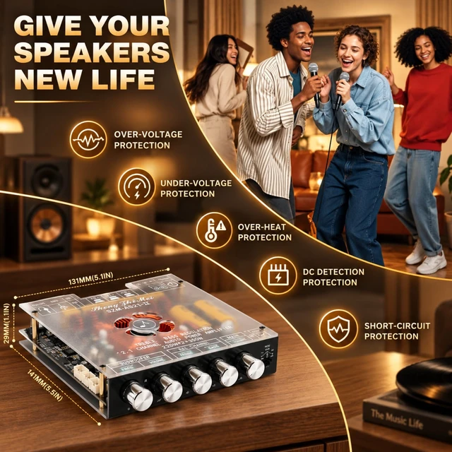Alt view image 7 of 7 - AS21-II TPA3255 Bluetooth Amplifier, 2.1 Channel, 220W x 2 + 350W FM Radio, TWS, IR Remote, APP Control, 5-Knob Tuning, Frosted Cover, USB/AUX, Active Cooling, Protection, DC 16-38V, 10A Min