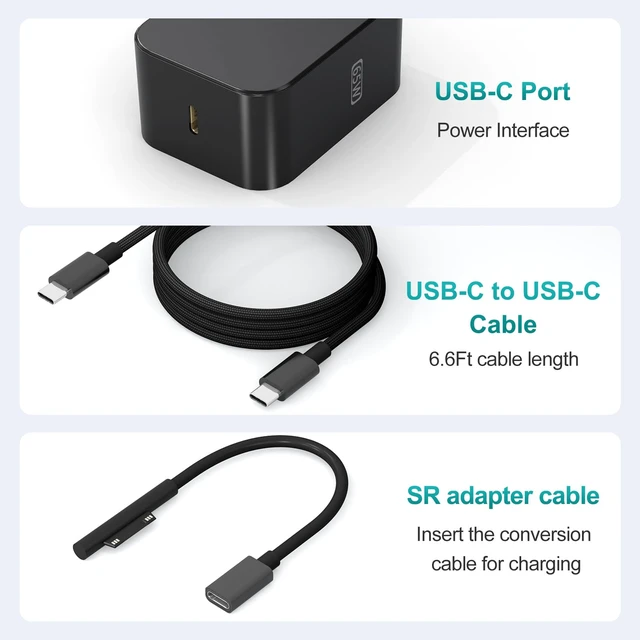 Alt view image 3 of 7 - New 65W Surface Charger with Foldable AC Plug, Compatible with Surface Pro Charger 13 11,12,10,9,8,7+,7,6,5,4,3,X, Surface Book3,2,1, Laptop & Tablet, Supporting 44W 36W 24W Charging Needs