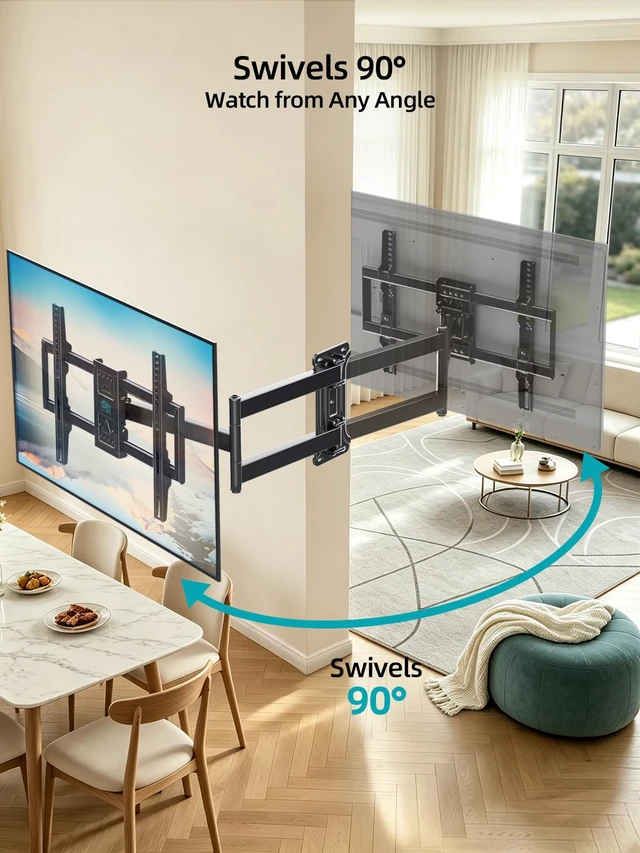 Alt view image 7 of 7 - Corner TV Wall Mount Long Arm for 43-80 Inch TVs Holds 132 lbs Full Motion TV Mount Bracket Anti-Droop Support 30" Extension, Max VESA 600x400mm, Fits Wood Studs & Concrete/Brick Walls
