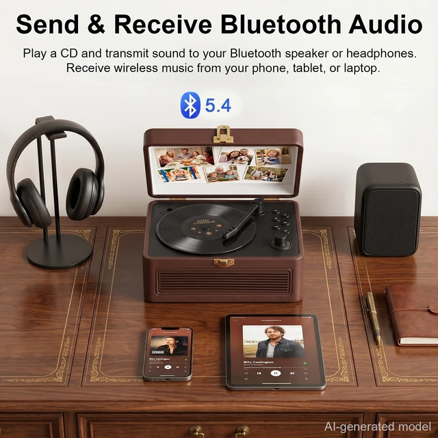 Alt view image 3 of 7 - Portable CD Player with Bluetooth 5.4, 3600mAh Rechargeable Battery Hi-Fi speakers,FM Radio, Leather retro suitcase style,Vintage CD Music Kpop Player,gift idea for music lovers,home decor