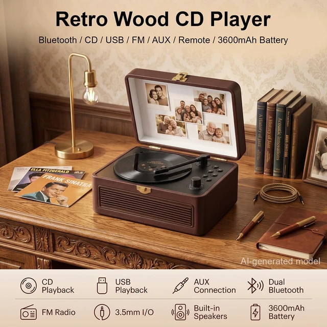 Alt view image 2 of 7 - Portable CD Player with Bluetooth 5.4, 3600mAh Rechargeable Battery Hi-Fi speakers,FM Radio, Leather retro suitcase style,Vintage CD Music Kpop Player,gift idea for music lovers,home decor