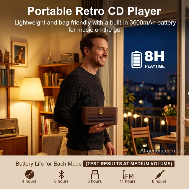 Alt view image 4 of 7 - Portable CD Player with Bluetooth 5.4, 3600mAh Rechargeable Battery Hi-Fi speakers,FM Radio, Leather retro suitcase style,Vintage CD Music Kpop Player,gift idea for music lovers,home decor