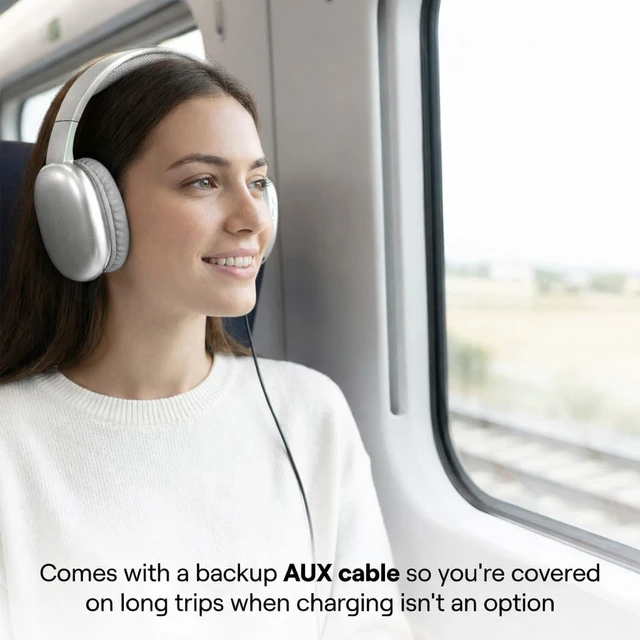 Alt view image 6 of 7 - Ultra Wireless Over-Ear Bluetooth Headphones with Mic, 10H Playtime Bluetooth Headset with Backup Wire & SD Slot, Wireless Headphones for Work, School & Gym (Silver)