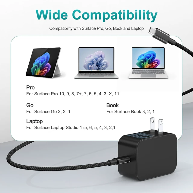 Alt view image 5 of 7 - New 65W Surface Charger with Foldable AC Plug, Compatible with Surface Pro Charger 13 11,12,10,9,8,7+,7,6,5,4,3,X, Surface Book3,2,1, Laptop & Tablet, Supporting 44W 36W 24W Charging Needs
